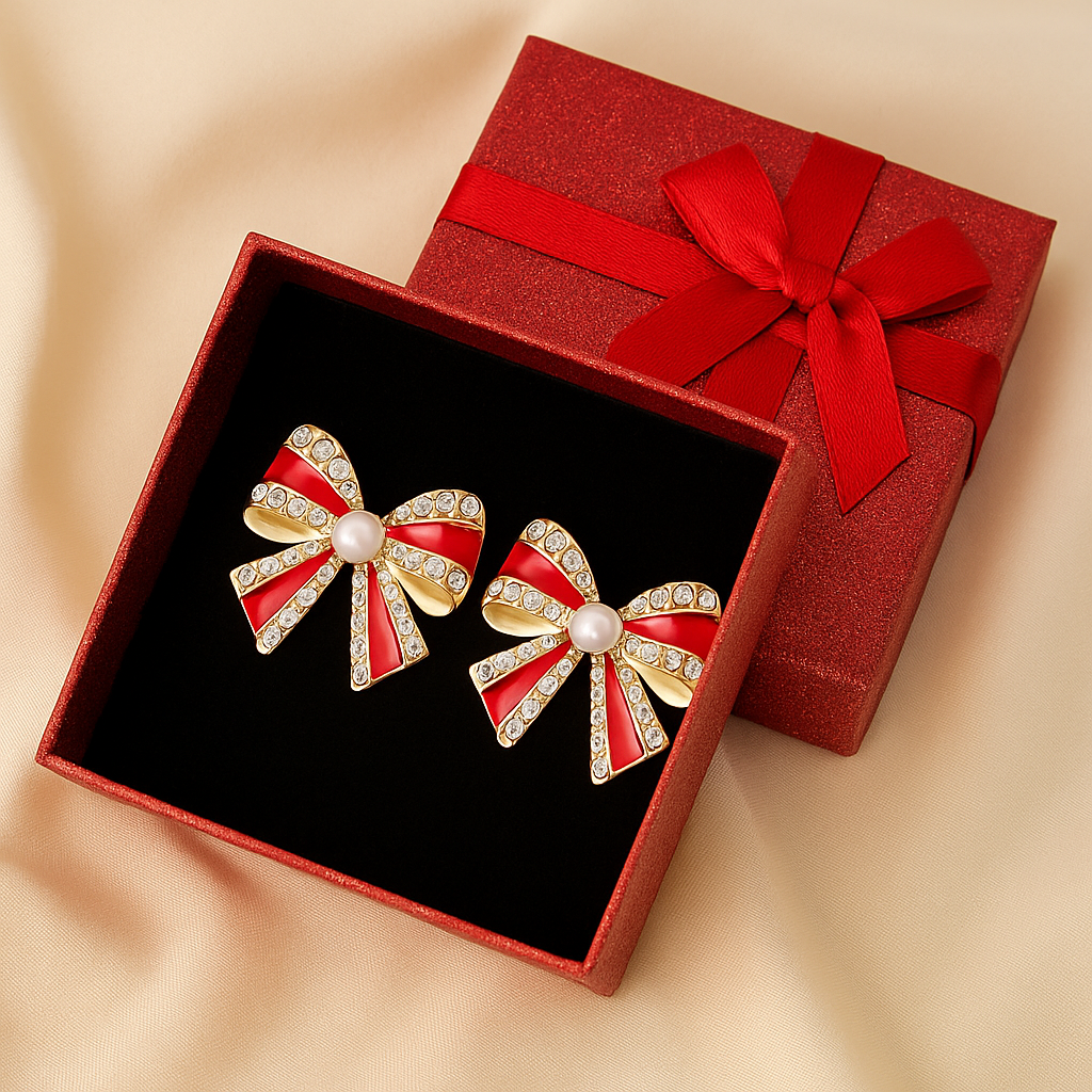 Red and gold bow-shaped earrings in a red box with a bow on a beige background