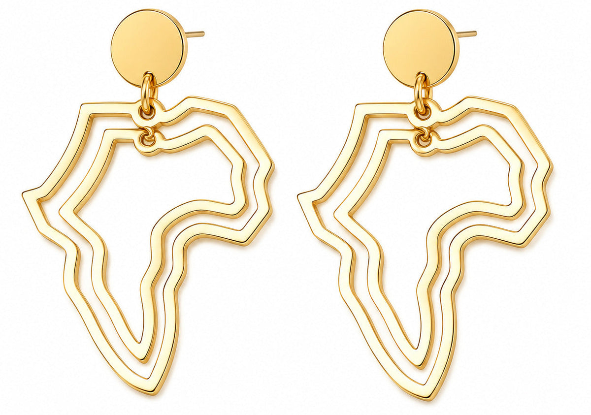 A pair of gold-plated drop earrings shaped like the outline of Africa, featuring a circular stud and a double-line geometric pendant, shown on a plain white background.