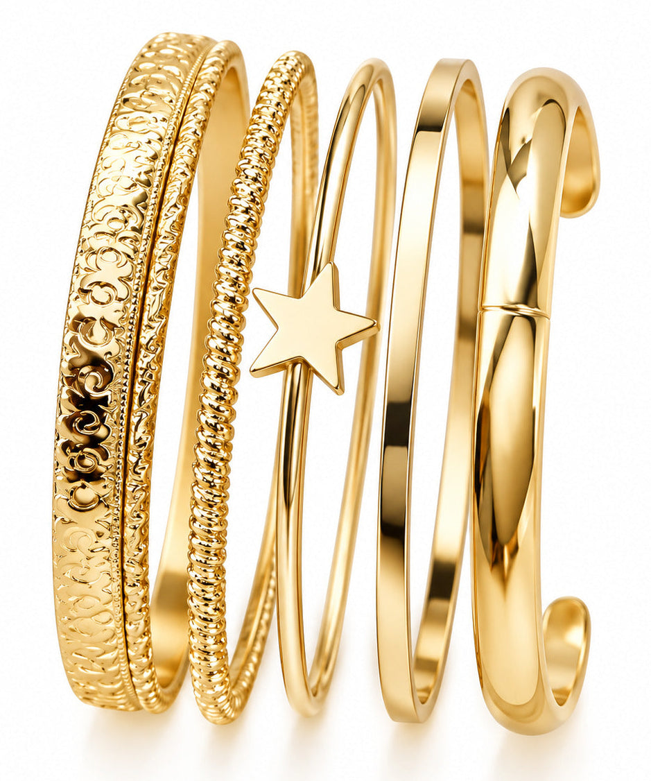 Golden Star Elegance 5-Piece Gold-Tone Bangle Bracelet Set for Women, Stackable Fashion Jewelry
