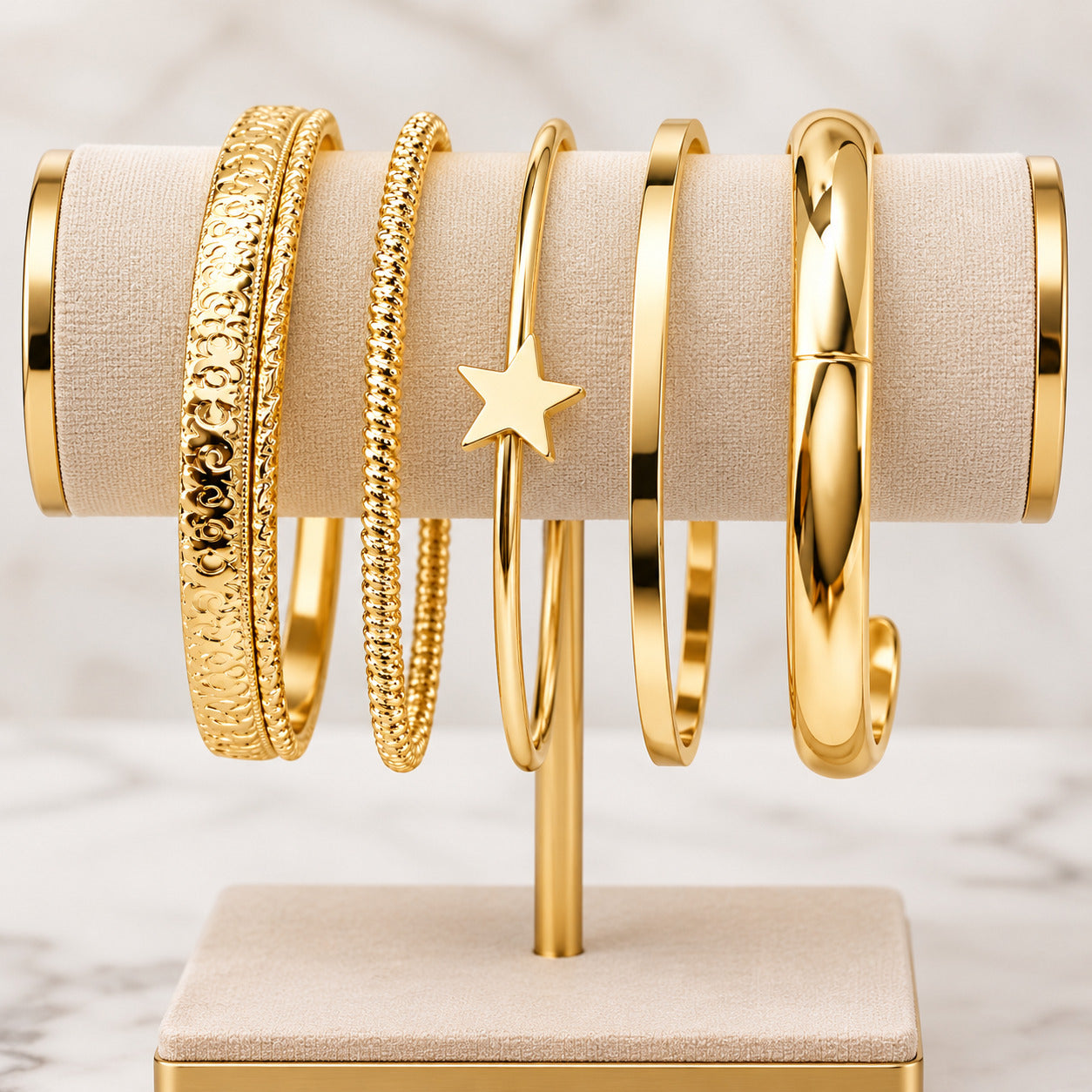 Golden Star Elegance 5-Piece Gold-Tone Bangle Bracelet Set for Women, Stackable Fashion Jewelry