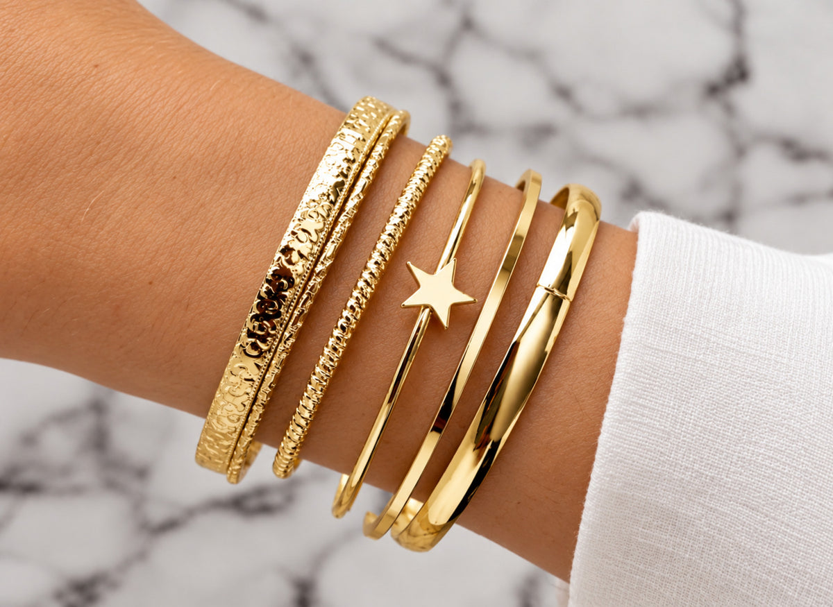 Golden Star Elegance 5-Piece Gold-Tone Bangle Bracelet Set for Women, Stackable Fashion Jewelry