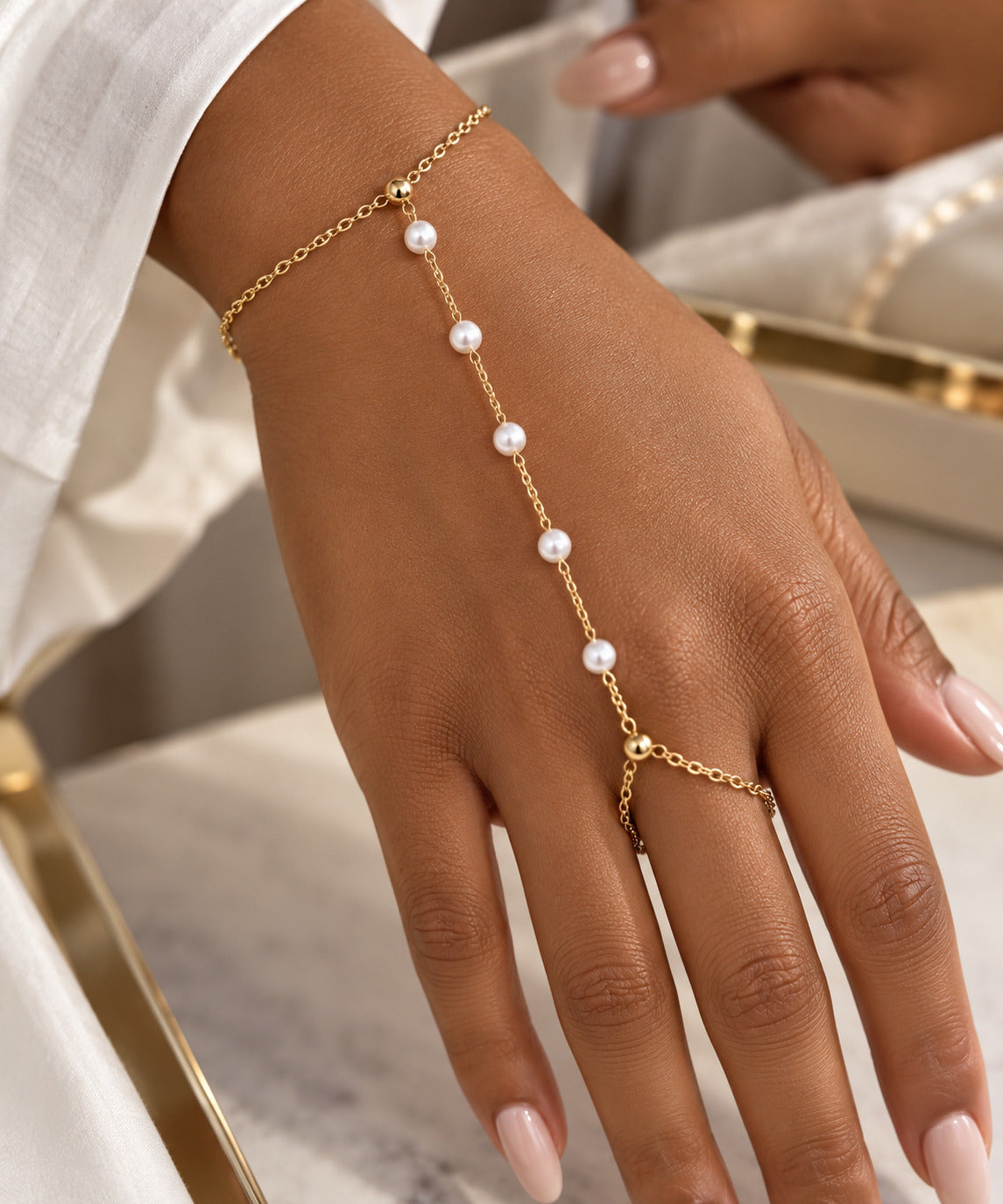 Pearl Essence Hand Bracelet for Women, Gold Tone Pearl Hand Chain Bracelet, Delicate Finger Bracelet Jewelry
