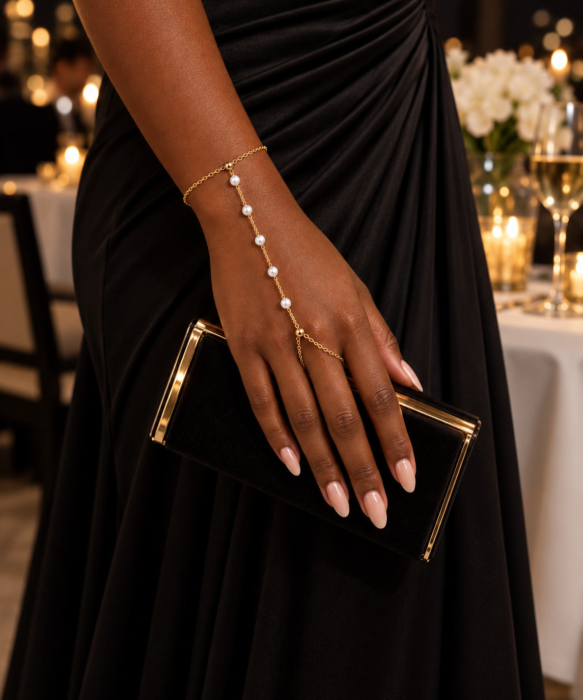 Pearl Essence Hand Bracelet for Women, Gold Tone Pearl Hand Chain Bracelet, Delicate Finger Bracelet Jewelry