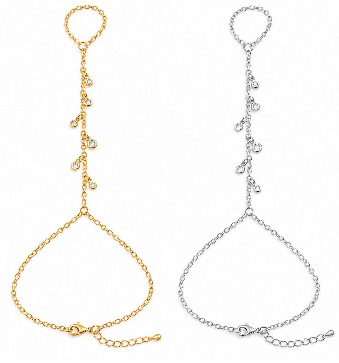 Two adjustable chain bracelets shown side by side on a plain white background, one in yellow gold and one in silver. Each anklet has a short chain section with multiple small dangling loops and an adjustable clasp at the bottom.