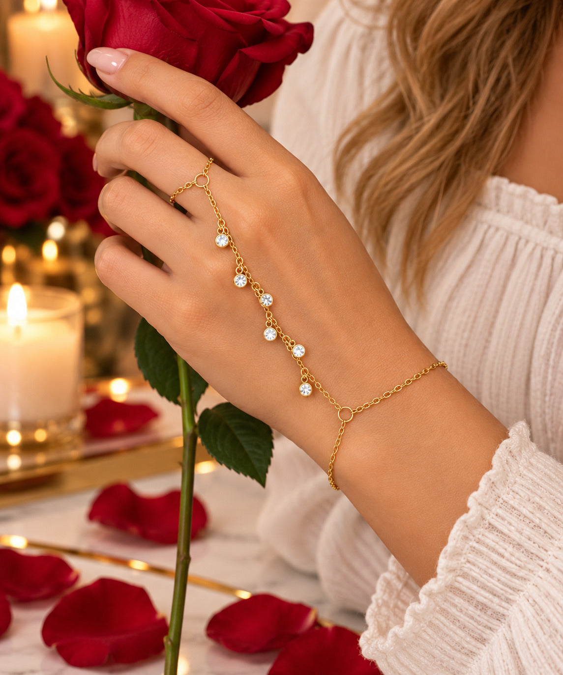 Glamour Link Hand Bracelet for Women, Delicate Crystal Hand Chain Bracelet, Elegant Wrist to Finger Jewelry