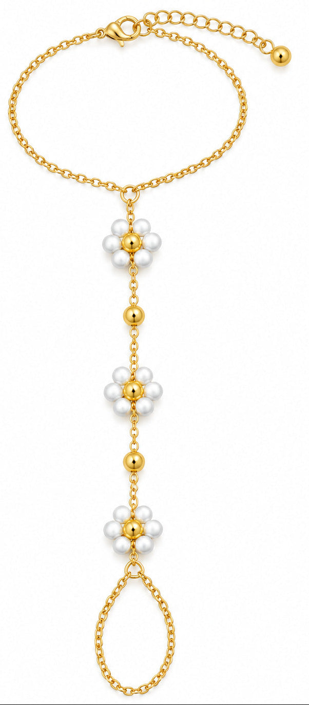Golden Bloom Hand Bracelet for Women, Gold Tone Floral Finger Hand Chain Bracelet with White Flower Beads, Elegant Jewelry for Everyday Wear & Special Occasions