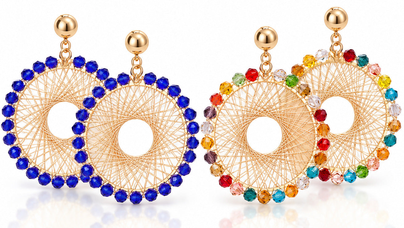 Sparkle Spin Crystal Beaded Statement Earrings for Women, Gold-Tone Woven Hoop Dangle Earrings, Colorful Fashion Jewelry