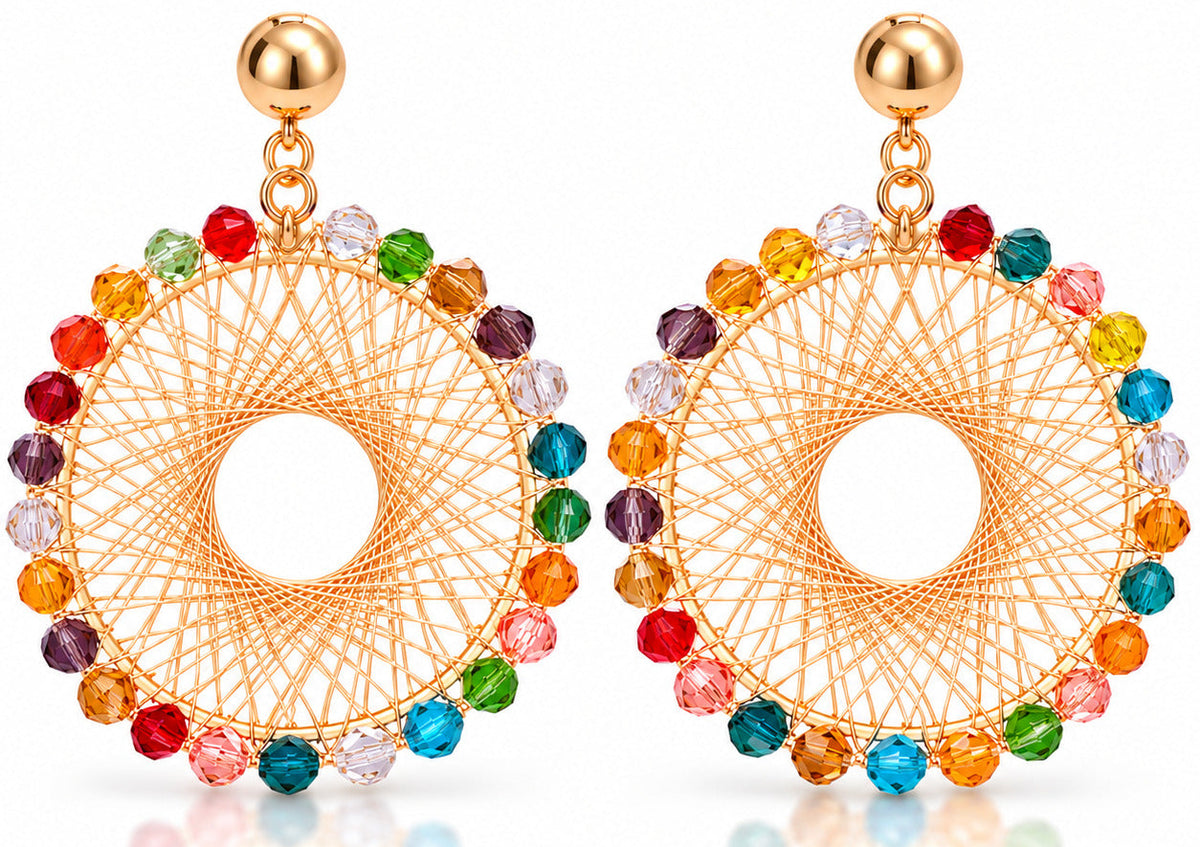 Sparkle Spin Crystal Beaded Statement Earrings for Women, Gold-Tone Woven Hoop Dangle Earrings, Colorful Fashion Jewelry