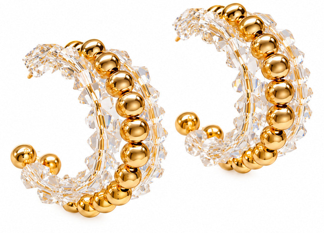 Luxe Beaded Hoops for Women, Gold Tone Crystal C Shaped Hoop Earrings, Sparkling Beaded Statement Jewelry, Elegant Earrings for Everyday & Special Occasions