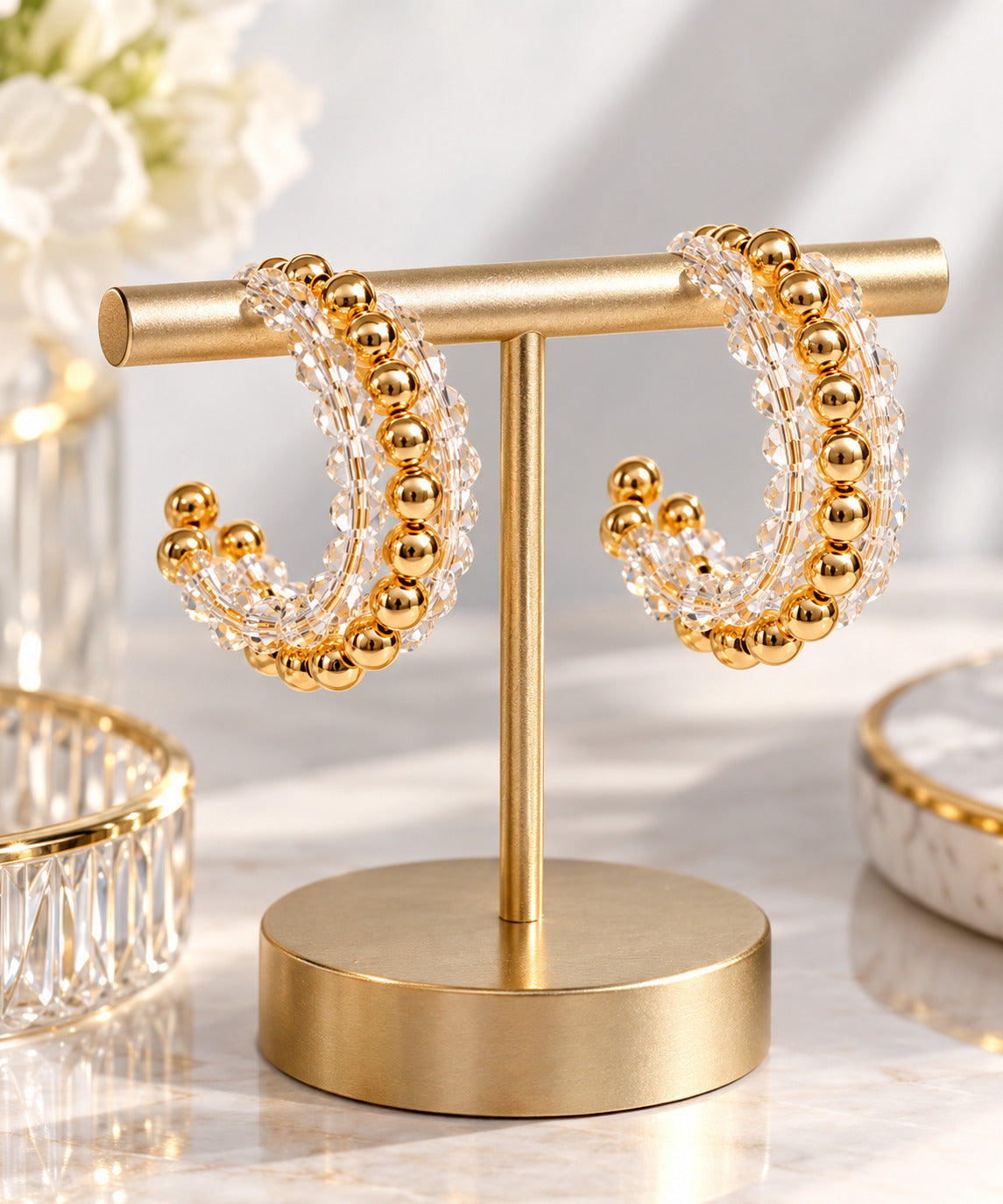 Luxe Beaded Hoops for Women, Gold Tone Crystal C Shaped Hoop Earrings, Sparkling Beaded Statement Jewelry, Elegant Earrings for Everyday & Special Occasions