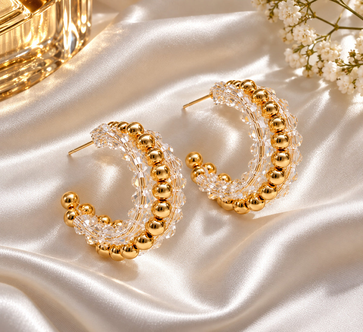 Luxe Beaded Hoops for Women, Gold Tone Crystal C Shaped Hoop Earrings, Sparkling Beaded Statement Jewelry, Elegant Earrings for Everyday & Special Occasions