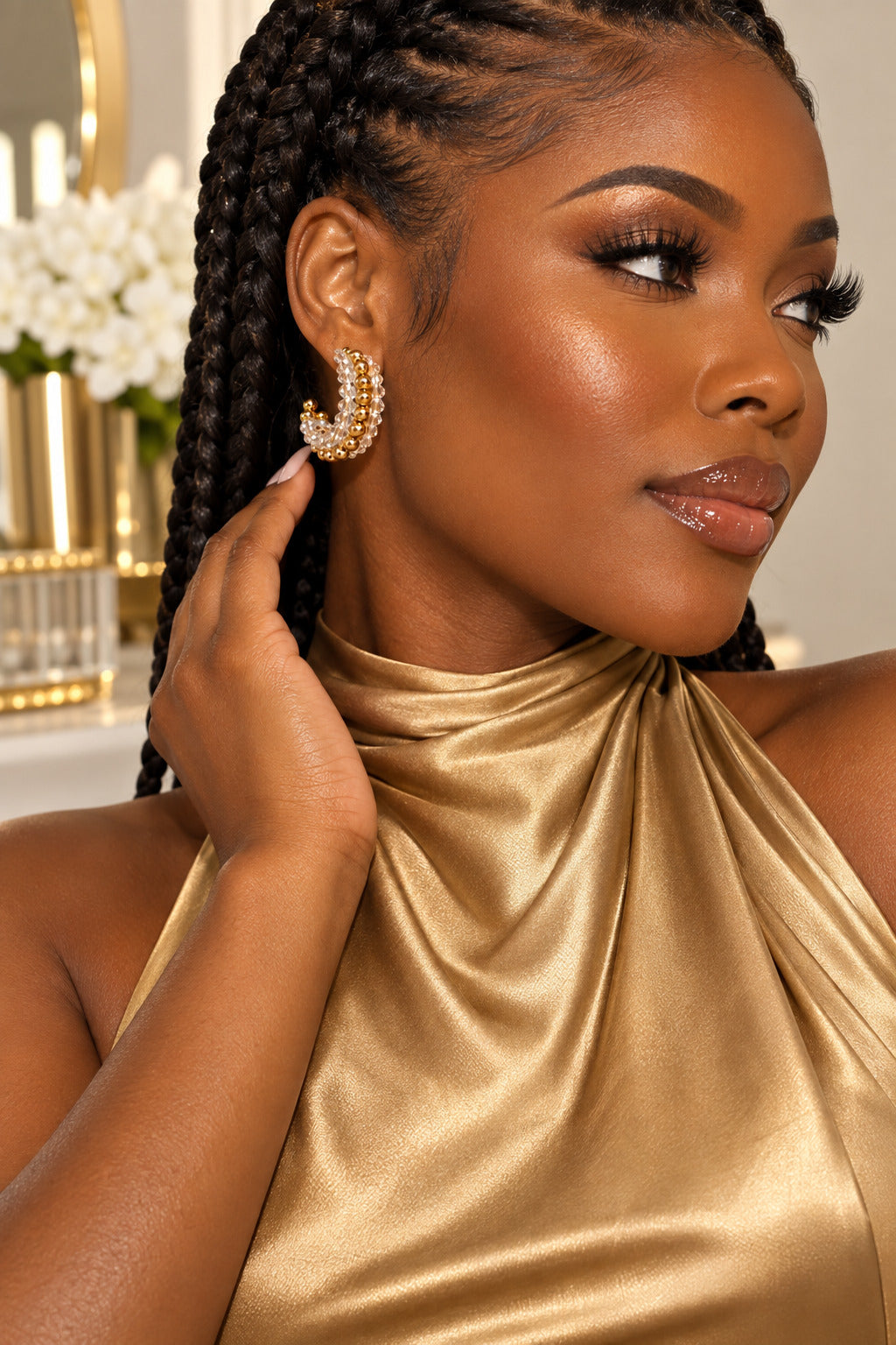 Luxe Beaded Hoops for Women, Gold Tone Crystal C Shaped Hoop Earrings, Sparkling Beaded Statement Jewelry, Elegant Earrings for Everyday & Special Occasions