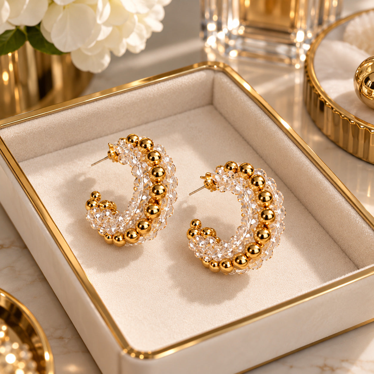 Luxe Beaded Hoops for Women, Gold Tone Crystal C Shaped Hoop Earrings, Sparkling Beaded Statement Jewelry, Elegant Earrings for Everyday & Special Occasions