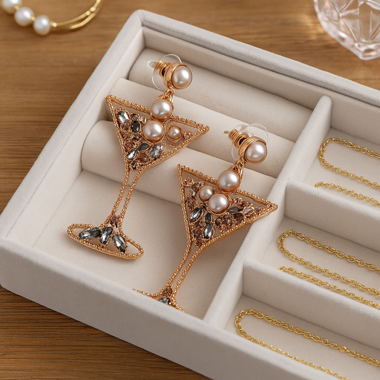 Triangular earrings with pearls and crystals in a jewelry box on a wooden surface