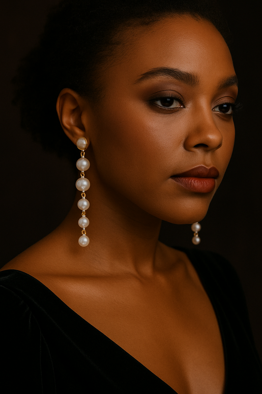 Woman wearing pearl earrings against a dark background