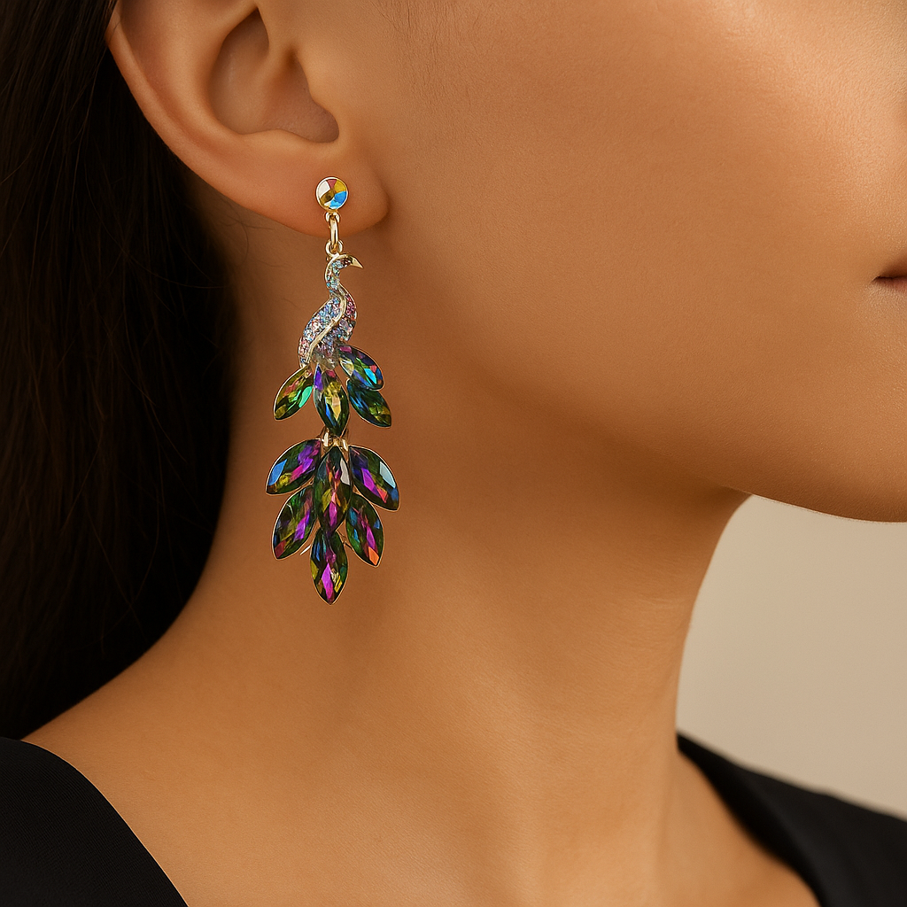 Close-up of a woman wearing colorful leaf-shaped earrings.