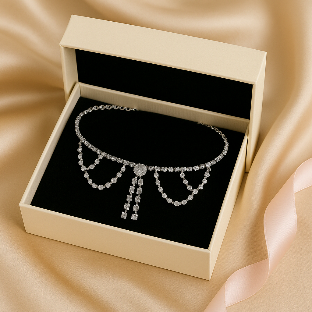 Diamond necklace in a jewelry box on a soft fabric background