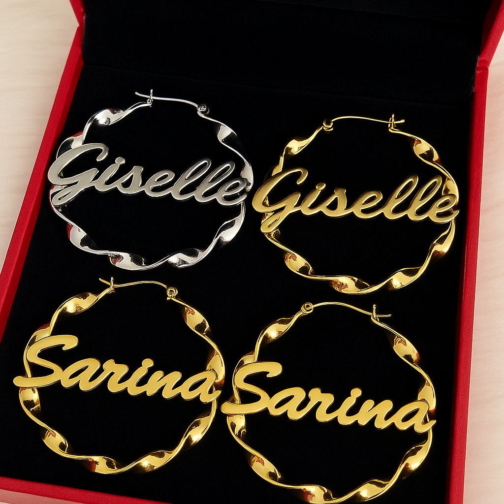 personalized hoop earrings, custom name earrings, name jewelry, gold name hoops, silver name hoops, twisted hoop earrings, statement earrings, elegant hoops, gift for her, personalized gift, name earrings custom, women’s jewelry