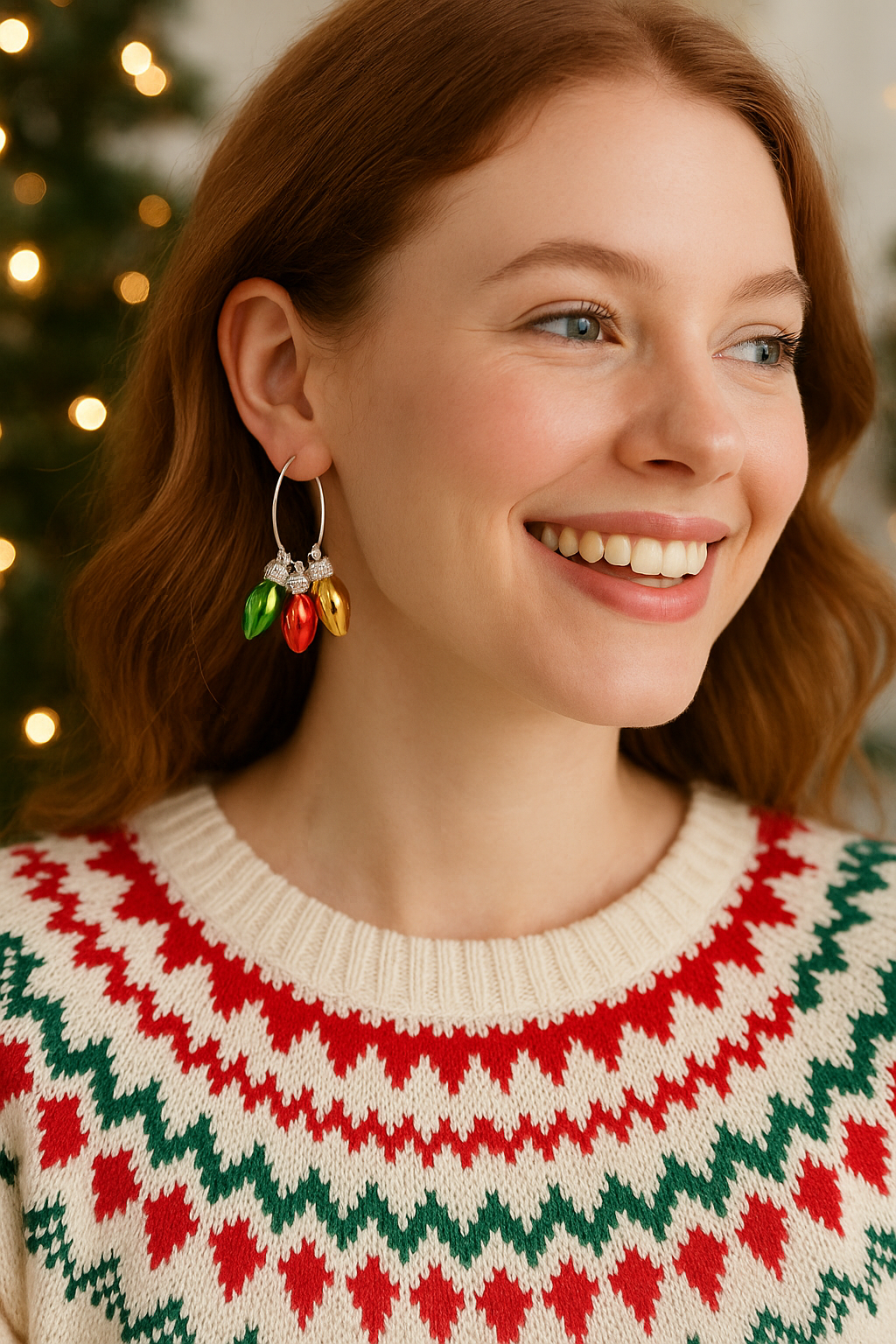 Woman wearing a festive sweater with a Christmas tree in the background