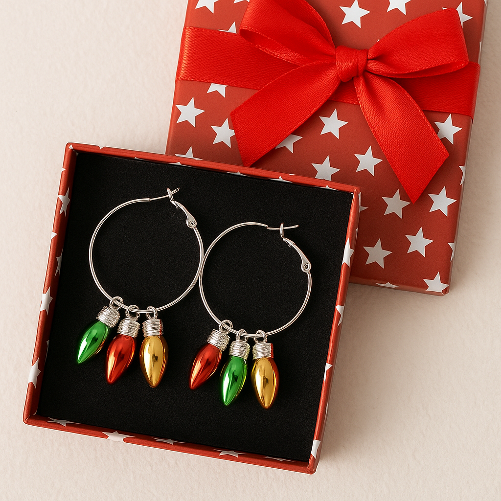Silver hoop earrings with colorful Christmas light bulbs in a box with a red bow.