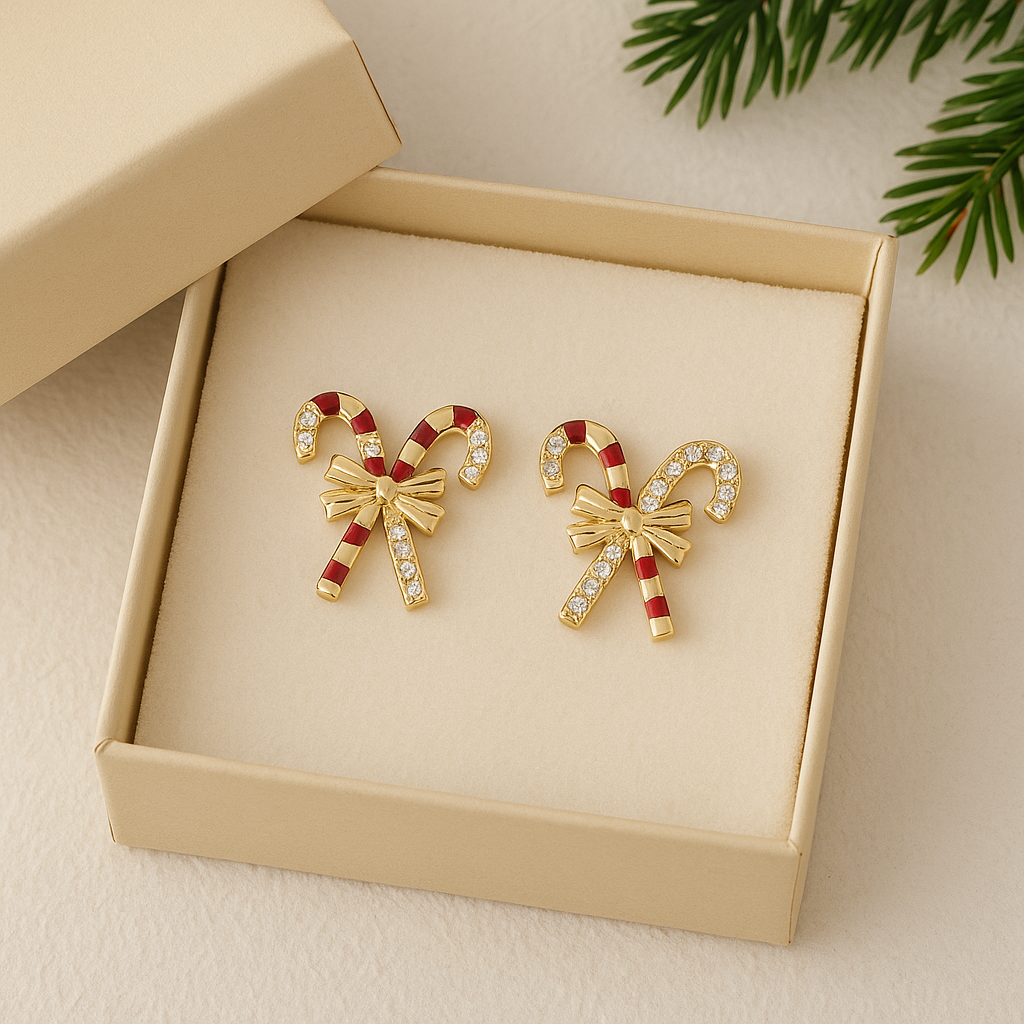 Gold candy cane earrings with red and white stripes in a beige box.