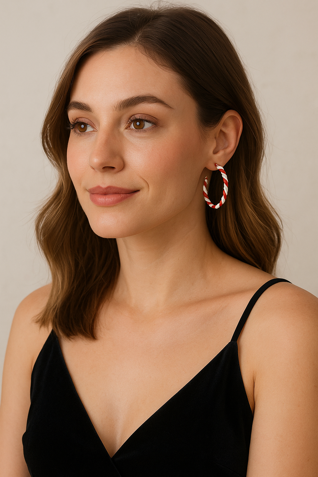 Woman wearing a black top and colorful hoop earrings against a neutral background
