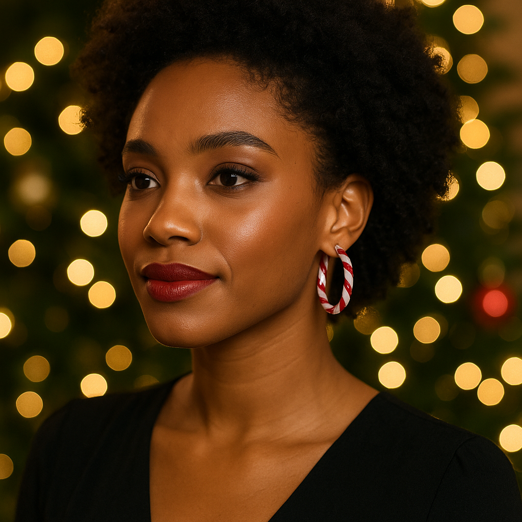 Woman wearing festive earrings with a blurred Christmas lights background