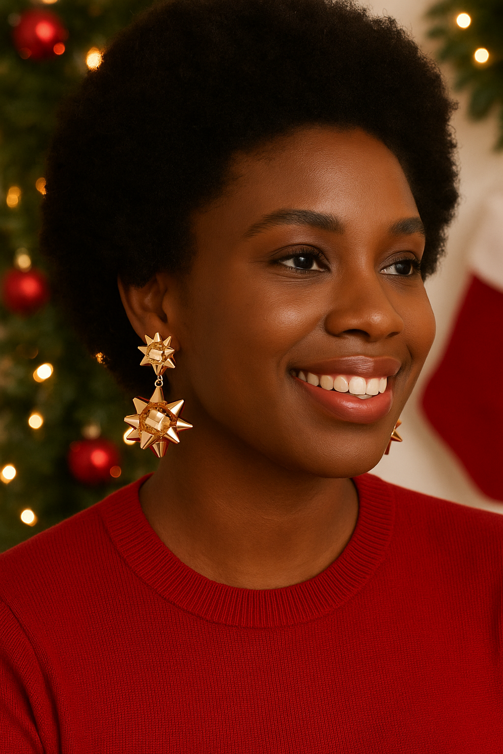Woman wearing gold star earrings with a Christmas tree and stockings in the background