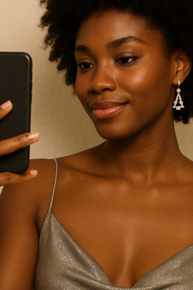 Woman in a silver dress holding a phone against a beige background