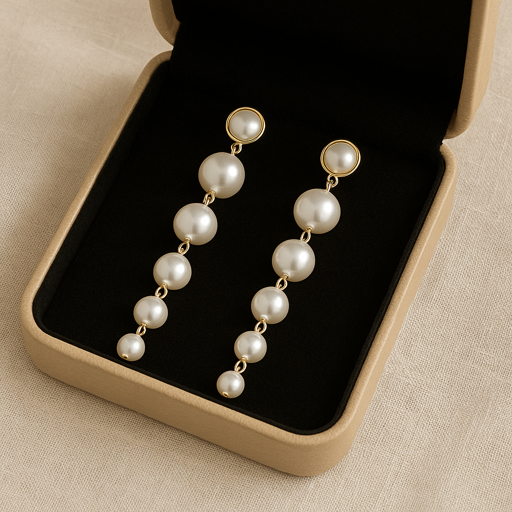 Pearl earrings in a black jewelry box on a beige fabric background