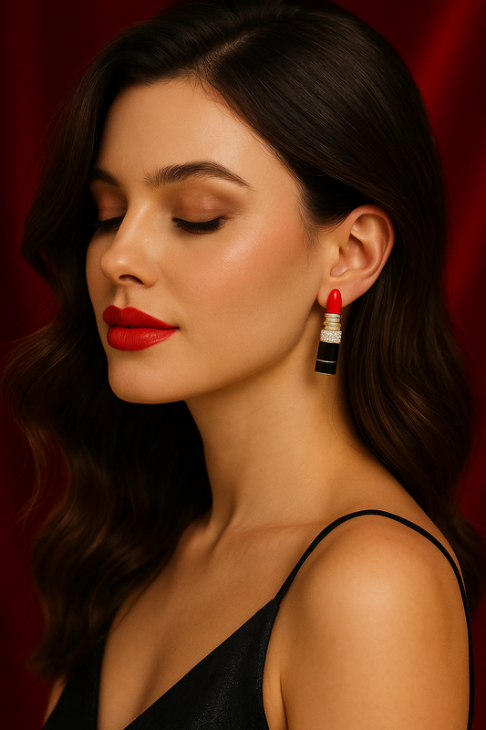 Woman wearing a black dress with a red lipstick and earring against a red background
