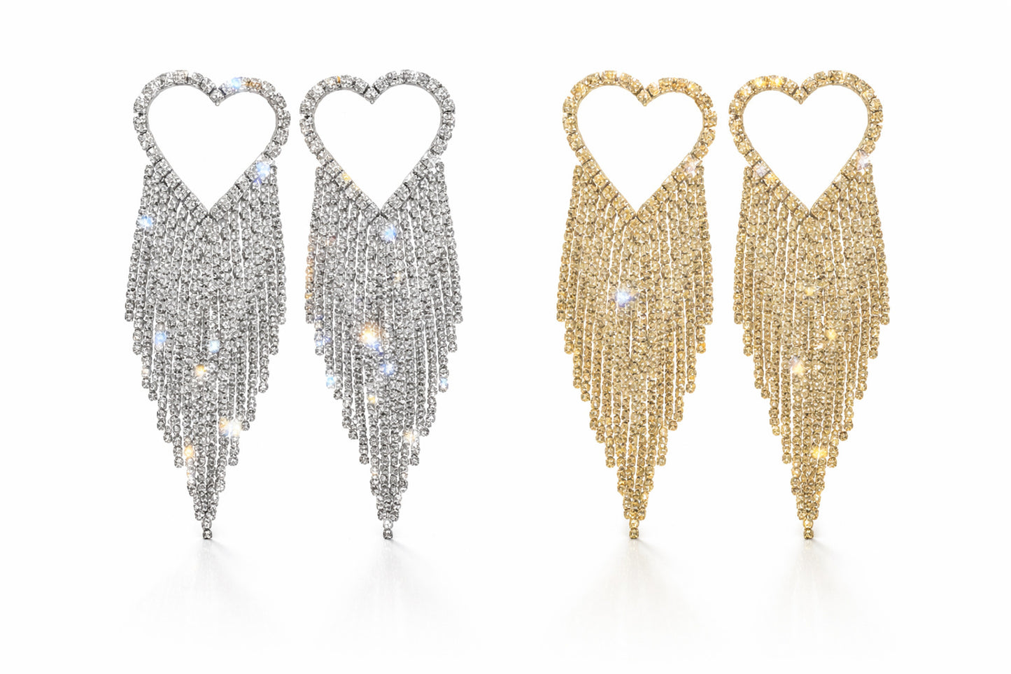 Pair of silver and gold heart-shaped earrings with fringe design on a white background