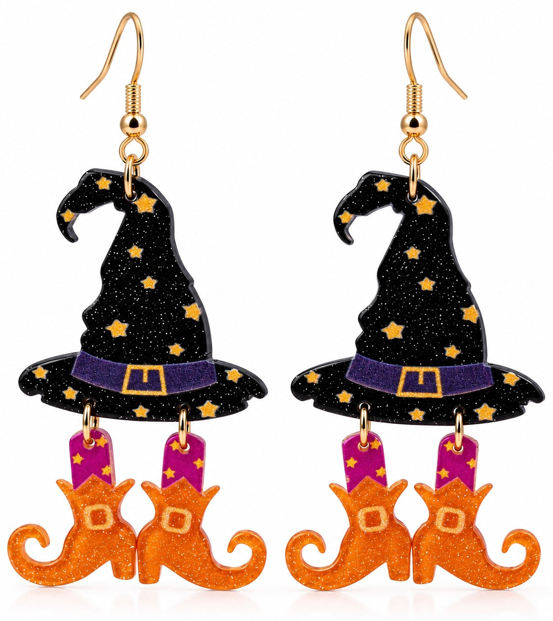 A pair of Halloween-themed dangling earrings shaped like witch hats with gold stars, purple belts, and orange cat feet dangling below on a white background.
