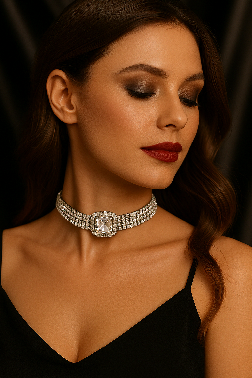 Woman wearing a sparkling choker necklace against a dark background
