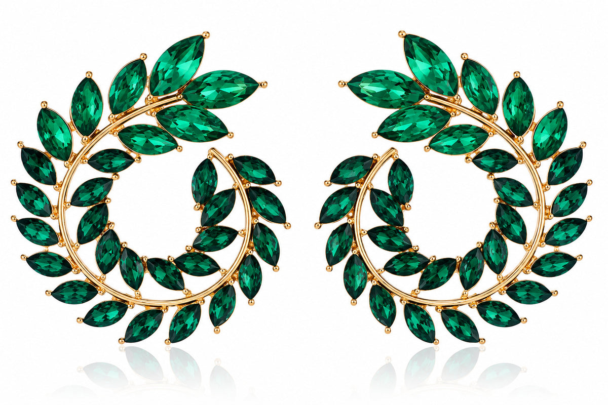 Elegant Leaf Crystal Spiral Hoop Earrings – 4 Colors