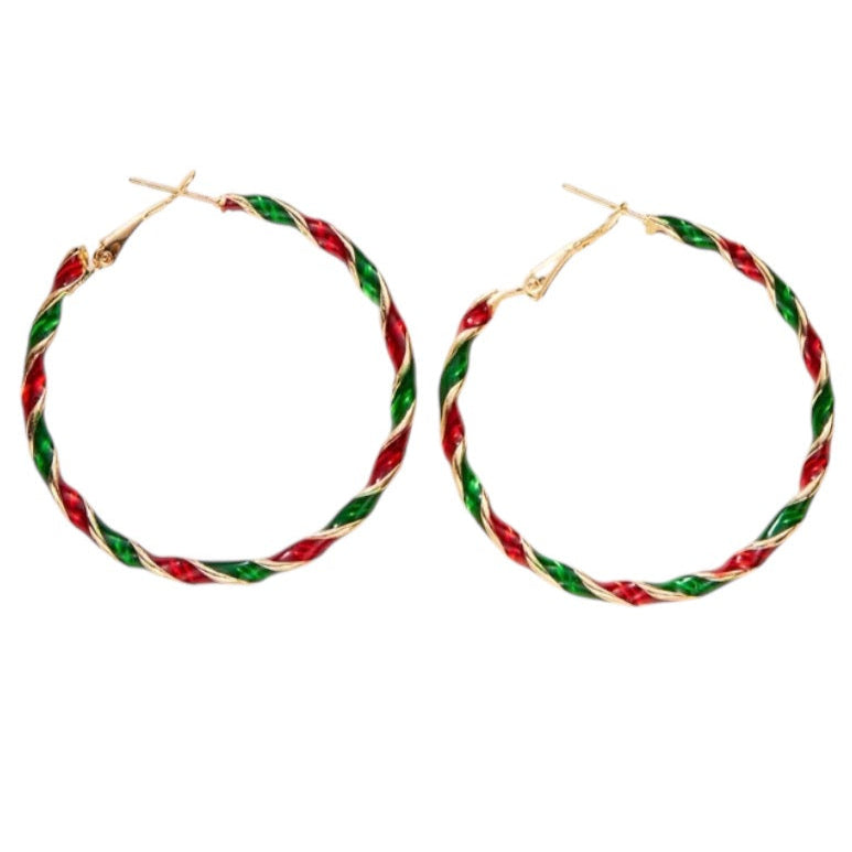 A pair of hoop earrings with red, green, and gold colors, suitable for Christmas celebration.