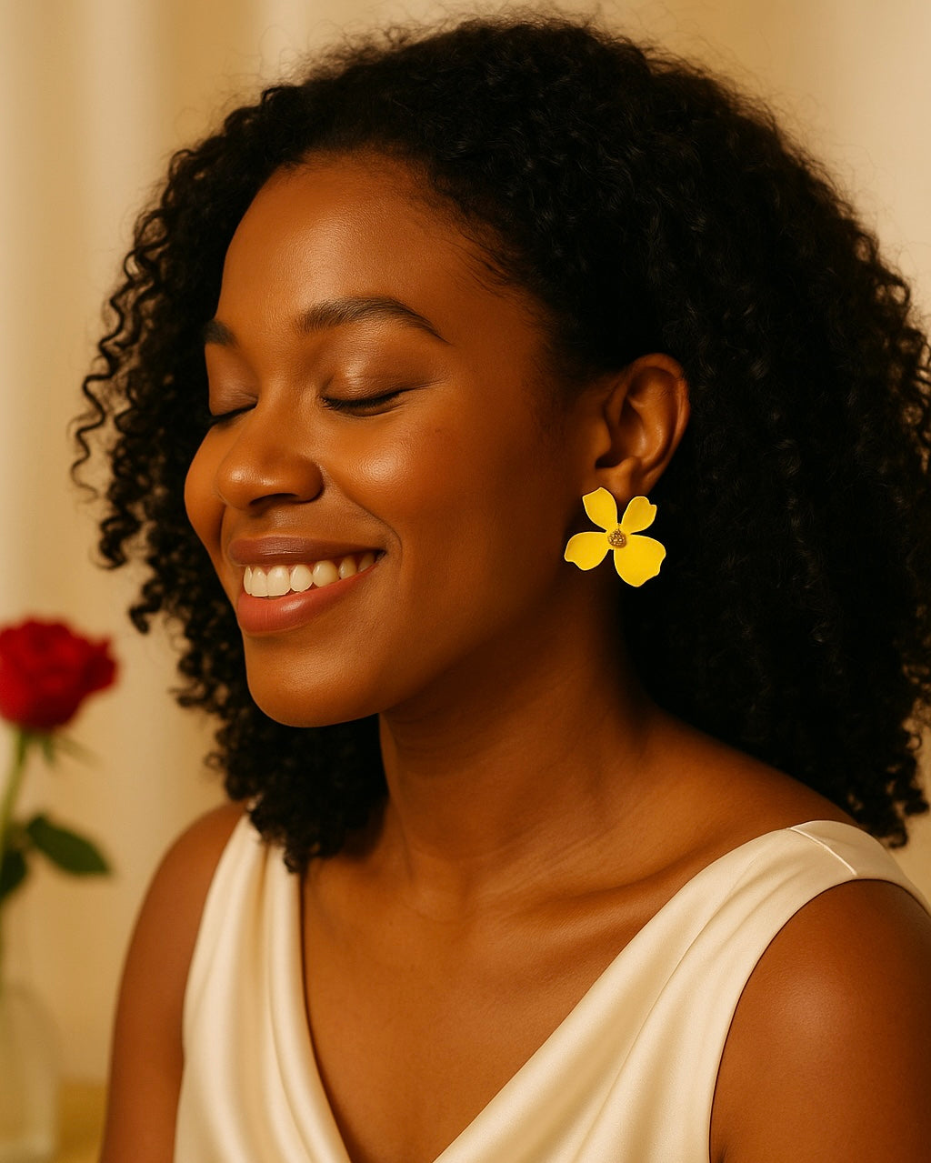 Woman wearing yellow flower earrings with a blurred background