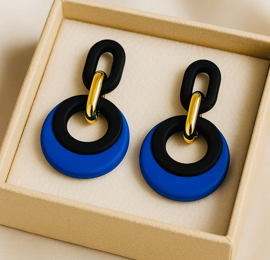 blue drop earrings
geometric earrings
statement earrings
bold earrings for women
blue and black earrings
gold accent earrings
link earrings
dangly earrings