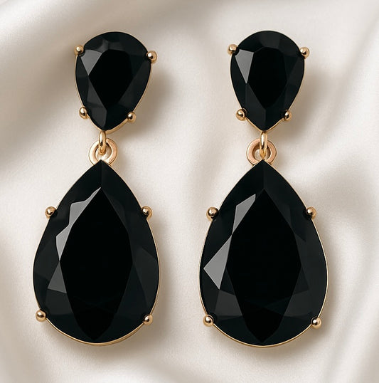 black teardrop earrings
black statement earrings
double drop earrings
gold trim earrings
holiday earrings for women
evening jewelry
lightweight fashion earrings
black gemstone earrings
dressy earrings for women
party jewelry accessories