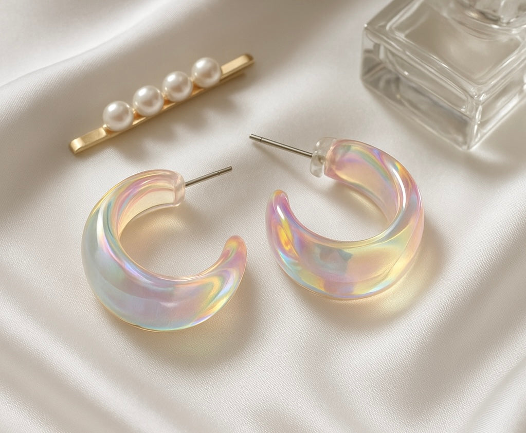 Iridescent hoop earrings with a hair clip and perfume bottle on a light background