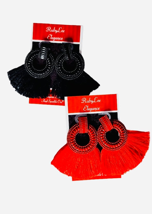 Red and black feather tassel earrings