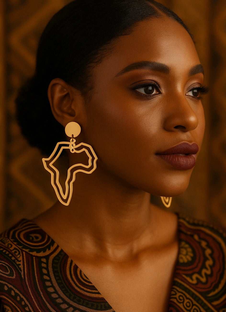 Woman wearing gold earrings with a dark background