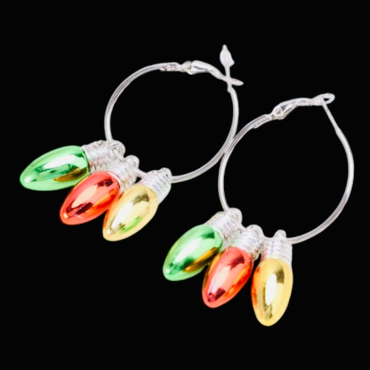 christmas bulb red white and yellow drop shaped hoop earrings