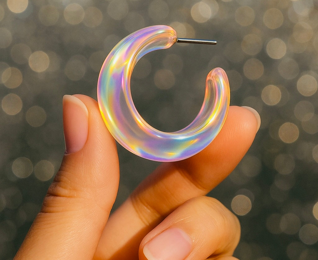 Holographic moon-shaped earring held between fingers against a blurred background