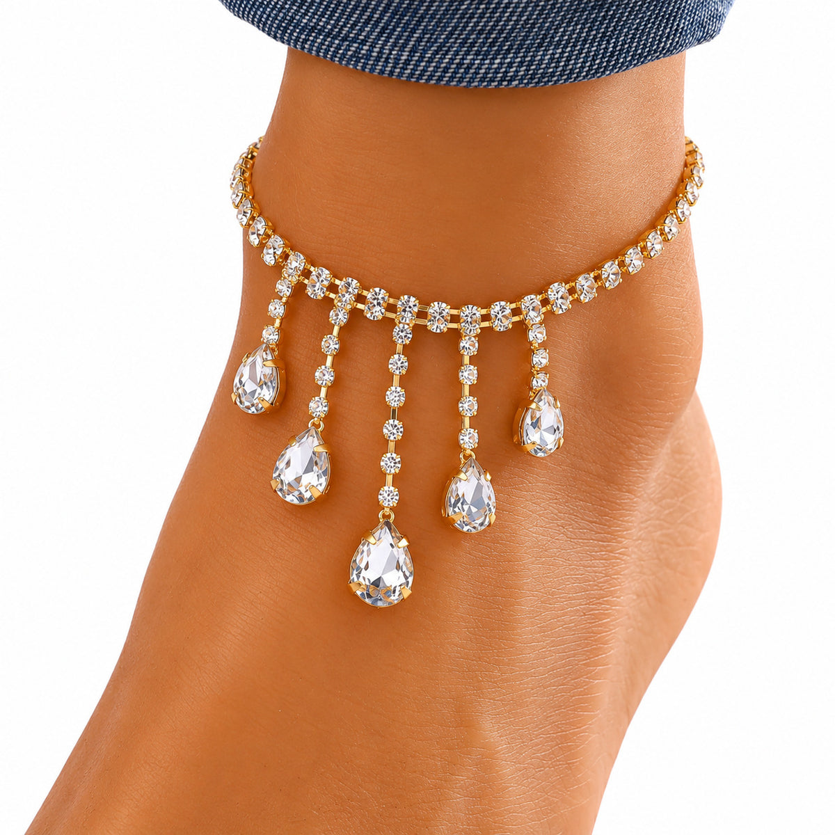 Golden Cascade – Gold-Tone Rhinestone Teardrop Crystal Anklet