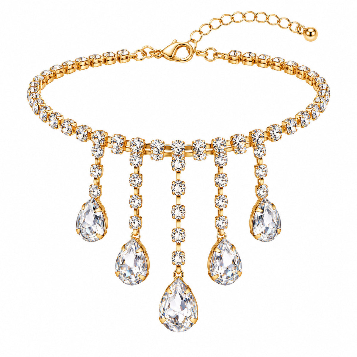 Golden Cascade – Gold-Tone Rhinestone Teardrop Crystal Anklet