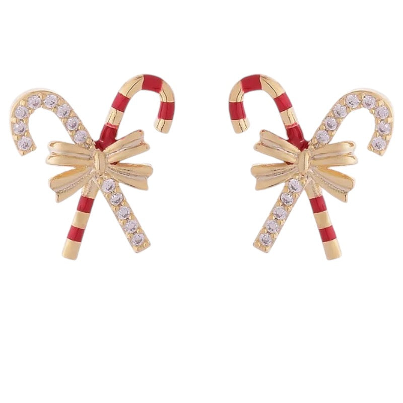 A pair of candy cane shaped rhinestone Christmas earrings with a gold, red, and white color scheme.