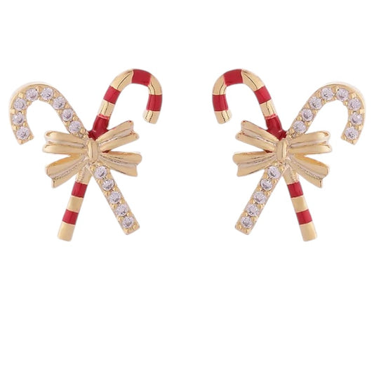 A pair of candy cane shaped rhinestone Christmas earrings with a gold, red, and white color scheme.