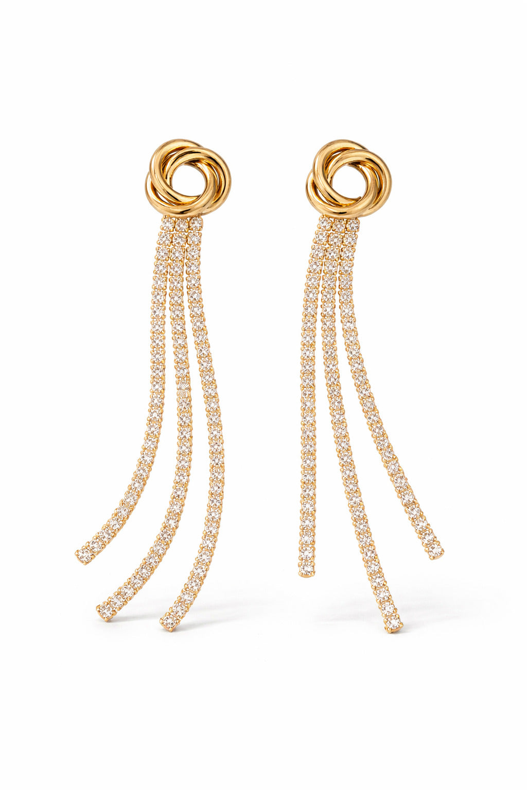 Luxe Knot Drip Earrings: gold knot tops with cascading crystal strand tassels.