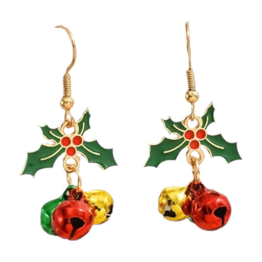 A pair of earrings shaped like mistletoe with red, green, gold, and silver colors.